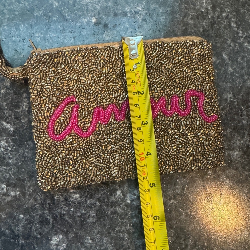 Moyna Amour Beaded Wristlet Clutch Bag Bronze Gold Pink Script Evening Pouch - Picture 7 of 7